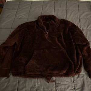 Cropped cinch waist quarter zip faux fur sweatshirt